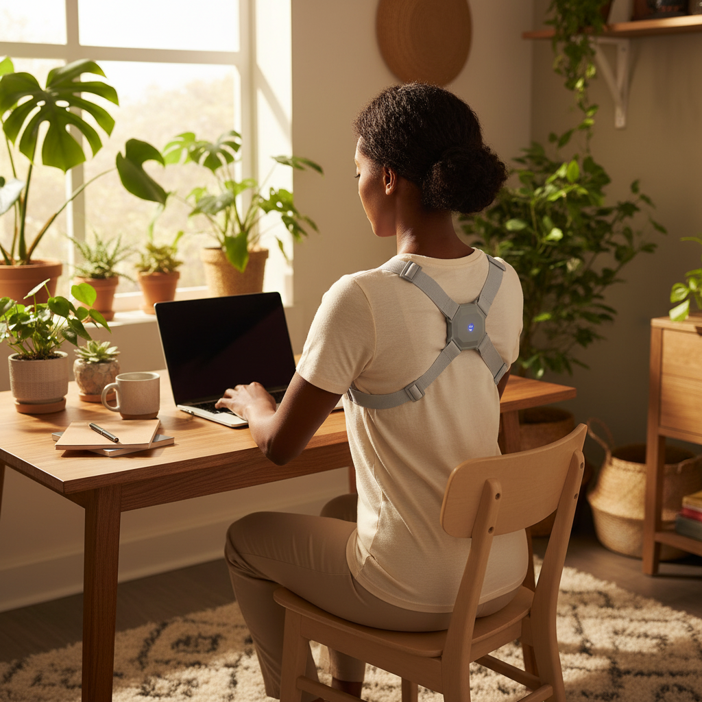 Hållningskorrigerare – kvinna med chokladbrun hy vid skrivbord
